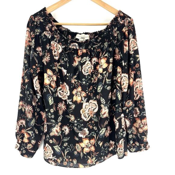 Sachin & Babi Top Size Medium Womens Black Floral Smocked Square Neck Peasant - Picture 1 of 8